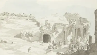 Gezicht op een gedeelte van het toneel en de muur daarachter van het theater van Taormine av Abraham-Louis-Rodolphe Ducros