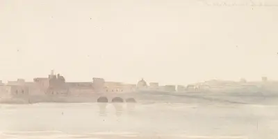 Gezicht op Golf van Napels vanaf kade bij kerk Santa Maria del Carmine av Abraham-Louis-Rodolphe Ducros