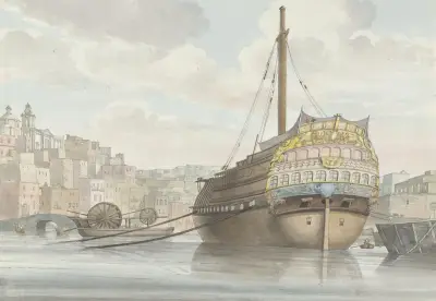 Blick auf den Hafen mit einem Galeerenschiff nahe der Werft von Abraham-Louis-Rodolphe Ducros