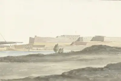 Gezicht op het kasteel in de haven van Barletta av Abraham-Louis-Rodolphe Ducros