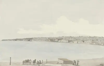 Gezicht op het voorgebergte Pausilype met oude paleis van koningin Jeanne en platteland van Sannazar vanaf het balkon van de herberg av Abraham-Louis-Rodolphe Ducros