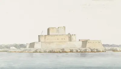 Gezicht op kasteel van San Mauro la Bruca vanaf zee bij aankomst av Abraham-Louis-Rodolphe Ducros