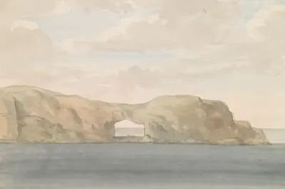 Gezicht op rots met gat op kleine eiland Cumina bij Gozo av Abraham-Louis-Rodolphe Ducros