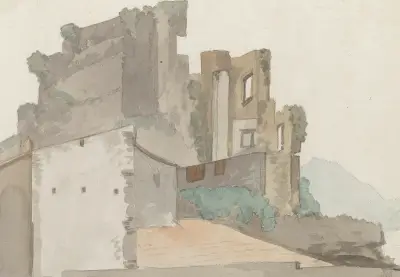 Gezicht op ruïne, zogenaamde Castel Vecchio, te Avellino av Abraham-Louis-Rodolphe Ducros