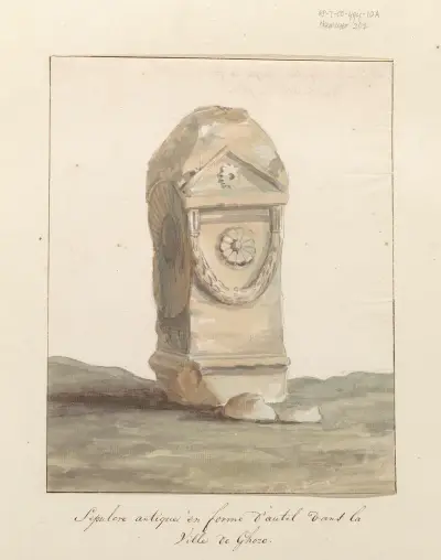Grafmonument in vorm van klassiek altaar in stad Gozo av Abraham-Louis-Rodolphe Ducros