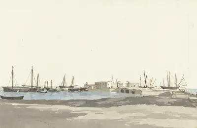 Haven van Barletta met schepen av Abraham-Louis-Rodolphe Ducros