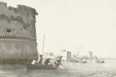 Mosselvissers op Mare Piccolo bij de vestingwerken van Tarente av Abraham-Louis-Rodolphe Ducros
