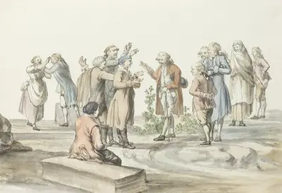 Onderhandeling tussen gids van reisgezelschap en muilezeldrijvers met wie zij naar de Etna gaan av Abraham-Louis-Rodolphe Ducros