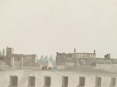 Drottning Joannas gamla palats vid Porta Capuana i Neapel av Abraham-Louis-Rodolphe Ducros