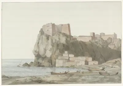 Rots en stad Scilla in de regio Calabrië aan de westkust av Abraham-Louis-Rodolphe Ducros
