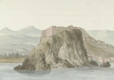Rots en stad Scilla in de regio Calabrië gezien vanaf zee aan de noordkant av Abraham-Louis-Rodolphe Ducros