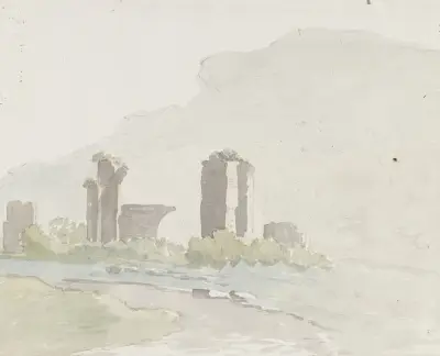 Ruïnes aan voet van berg tussen Itri en Gaeta av Abraham-Louis-Rodolphe Ducros