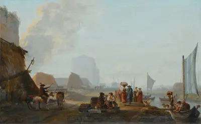 The Shore Of A River with boats av Abraham-Louis-Rodolphe Ducros