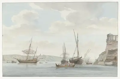 Tuinhuis van de Jardin du Grand Maître uittorend boven de haven met galei schepen op Malta av Abraham-Louis-Rodolphe Ducros