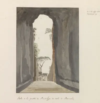 Uitgang van grot Crypta Neapolitana (of Grotta di Posillipo) aan de kust van Pozzuoli av Abraham-Louis-Rodolphe Ducros