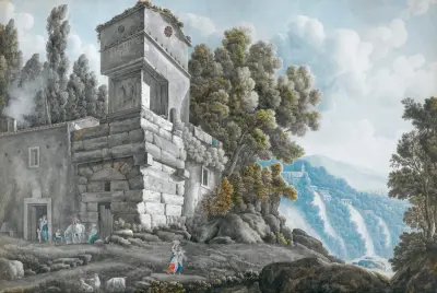 View Of A Villa Beside The Cascades At Tivoli, With Figures Below av Abraham-Louis-Rodolphe Ducros