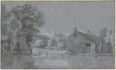 Ein Dorf mit Baumgruppen an einem Fluss av Roelant Roghman