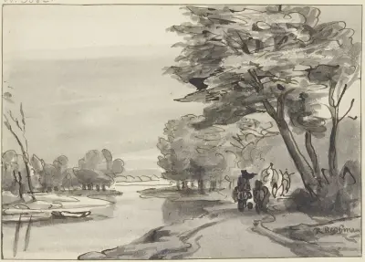 Fluss mit waldigem Ufer, rechts ein Wagen und Reiter av Roelant Roghman