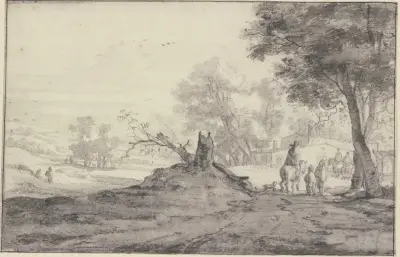 Landschaft mit Bäumen und Häusern, in der Mitte die Reste eines abgehauenen Baumes, Reiter und Fußgänger av Roelant Roghman
