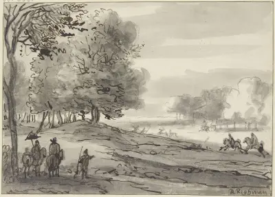 Landschaft mit einer Parforcejagd, links eine Dame zu Pferde mit einem Sonnenschirm av Roelant Roghman