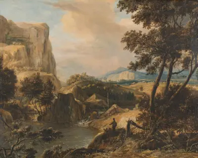 Mountainous landscape with fisherman av Roelant Roghman