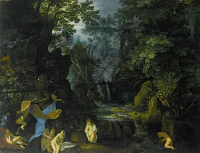 Eine Waldlandschaft mit badenden Nymphen und Leda mit dem Schwan von Roelant Savery