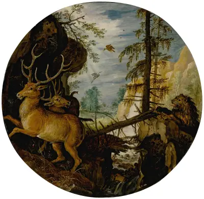 Ein Löwe jagt zwei Hirsche von Roelant Savery