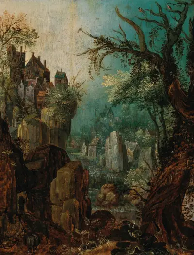 A mountainous river landscape with a peasant leading two donkeys, a village beyond av Roelant Savery