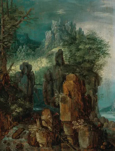 A mountainous river landscape with figures and goats, a village beyond av Roelant Savery