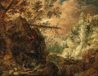 A rocky wooded landscape with a waterfall av Roelant Savery