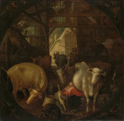 Cows in a stable; witches in the four corners av Roelant Savery