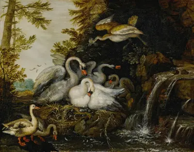 Landschaft mit Schwänen bei einem Wasserfall von Roelant Savery