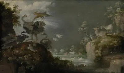 Paradijselijk landschap met dieren av Roelant Savery