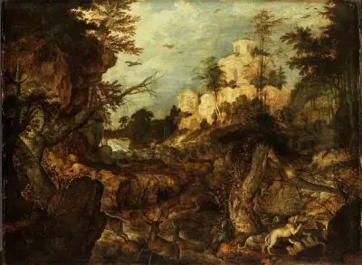 Wildschweinjagd in felsiger Landschaft von Roelant Savery
