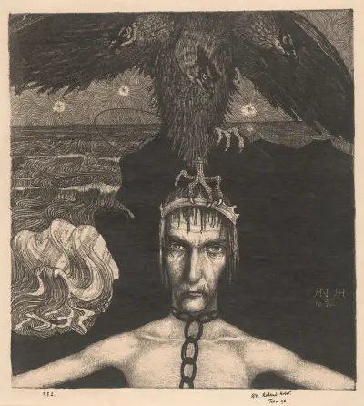 Geketende man met driekoppige roofvogel op het hoofd av Richard Nicolaüs Roland Holst