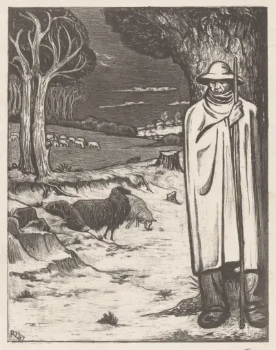 Herde med fårflock i ett kuperat landskap av Richard Nicolaüs Roland Holst