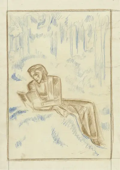 Lezende vrouw in een boslandschap av Richard Nicolaüs Roland Holst
