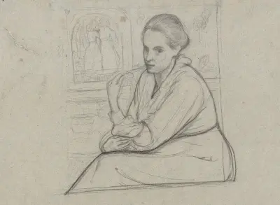 Porträtt av Henriëtte Roland Holst-van der Schalk, sittande vid en föreställning med två flickor av Richard Nicolaüs Roland Holst