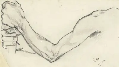 Studie av en vänsterarm som håller en käpp av Richard Nicolaüs Roland Holst