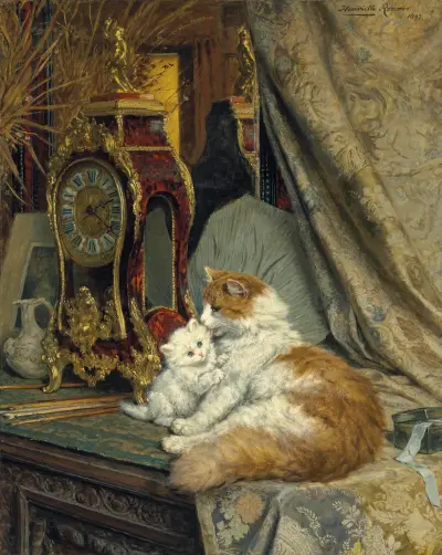 A Mother Cat and her Kitten with a Bracket Clock av Henriëtte Ronner-Knip