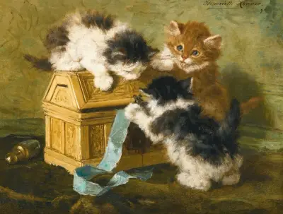 Three Kittens With A Casket And Blue Ribbon av Henriëtte Ronner-Knip