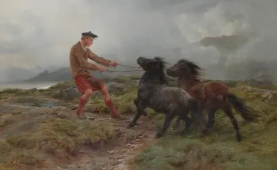 En ghillie och två shetlandsponnyer i dimmigt landskap av Rosa Bonheur