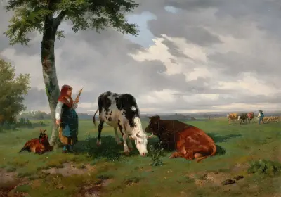 Schäferin mit zwei Kühen auf einer Wiese von Rosa Bonheur