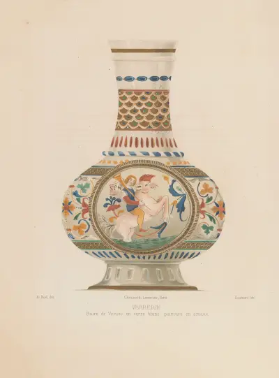 Venetianska glasbägare i vitt glas, emaljmålning av Joseph Rose Lemercier
