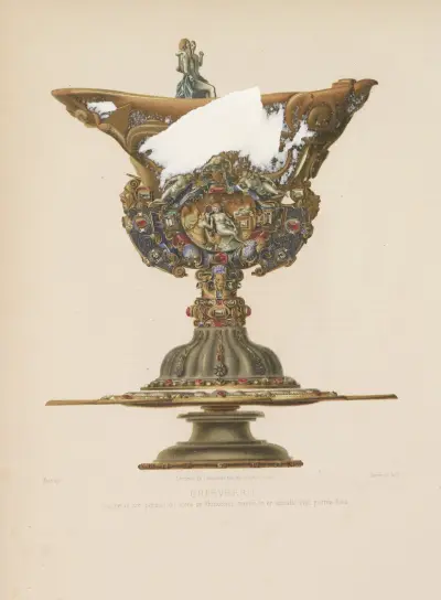 Pokal och dess fat i noshörningshorn monterade i guld, emaljerade med ädelstenar av Joseph Rose Lemercier