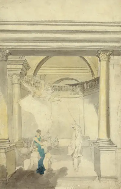 Allegorical scene of interior with columns, Minerva, Fame, and other figures av John Rubens Smith