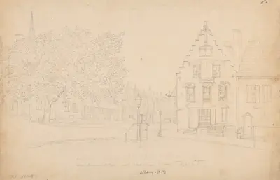 Argus newspaper office on State Street in Albany and surrending homes and churches av John Rubens Smith