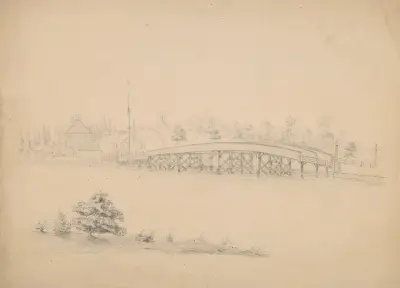 Bridge with wooden truss with houses and a mill on the far side of the water, perhaps related to Ipswich, Massachusetts av John Rubens Smith