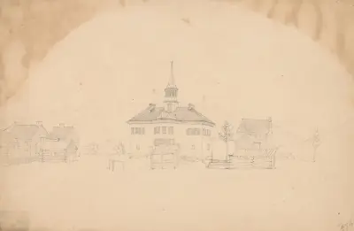 Building with a cupola, perhaps residential, besides log buildings, perhaps quarters for enslaved workers av John Rubens Smith