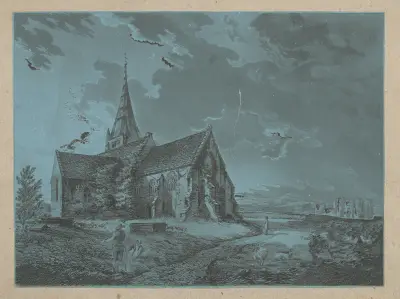 Lantkyrka med figurer, en med spade, nattetid av John Rubens Smith